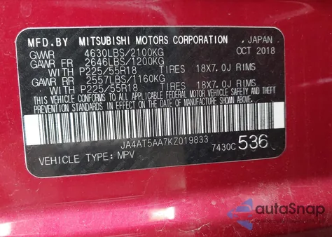2019 Mitsubishi Eclipse Cross Se from USA, damaged, VIN JA4AT5AA7KZ019833